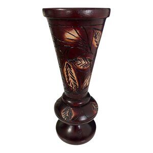 Vintage Boho Tribal Hand-Carved Wooden Vase – Dark Stained Leaf Design